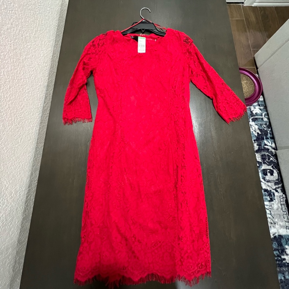 Sears Vibrant Red Long Sleeve Lace Dress